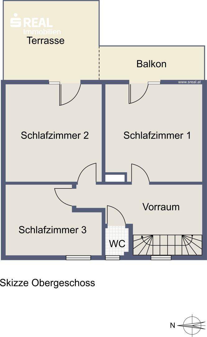 Grundriss des Obergeschosses mit drei Schlafzimmern, WC, Balkon und Terrasse.