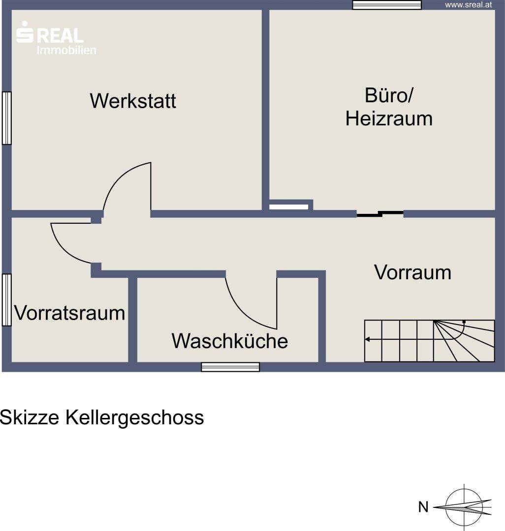 Grundriss des Kellergeschosses mit Werkstatt, Büro, Vorratsraum und Waschküche.