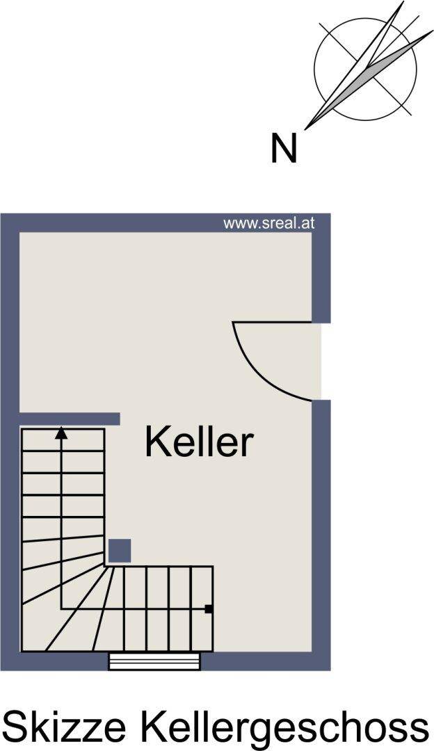 Grundriss des Kellergeschosses mit Treppe und Abstellflächen.