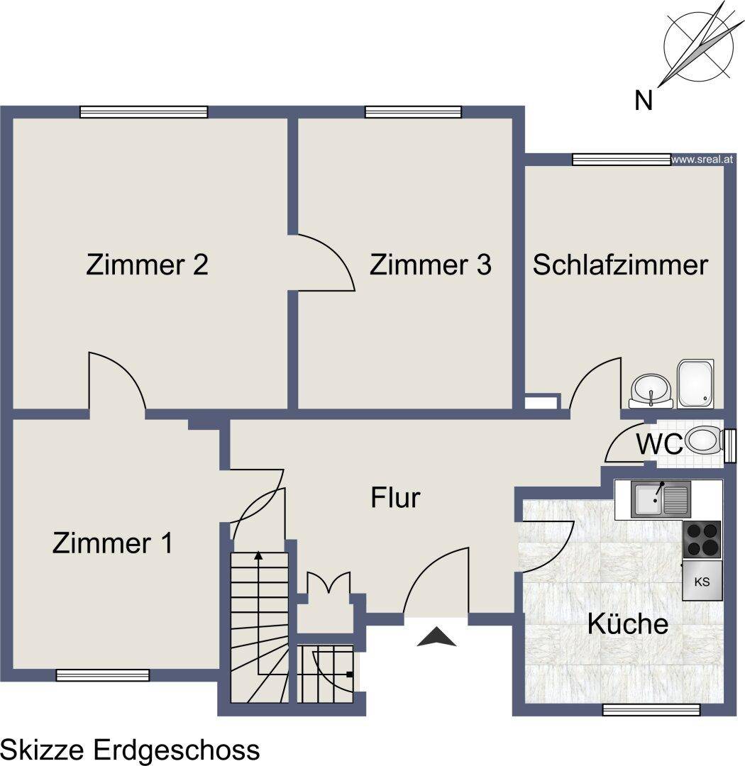 Grundriss des Erdgeschosses mit drei Zimmern, Küche, WC und Flur.