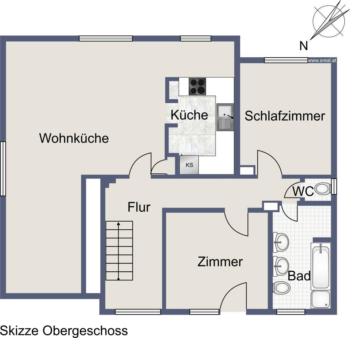 Grundriss des Obergeschosses mit Wohnküche, Schlafzimmer, Bad und weiterem Zimmer.