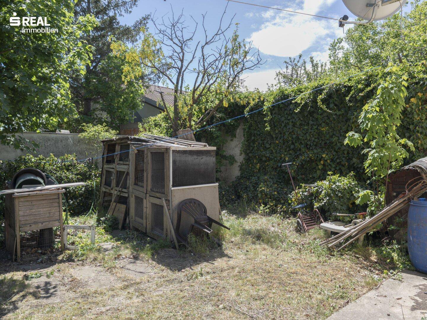 Gartenbereich mit üppiger Vegetation, einer bewachsenen Mauer und verschiedenen Gartenutensilien.