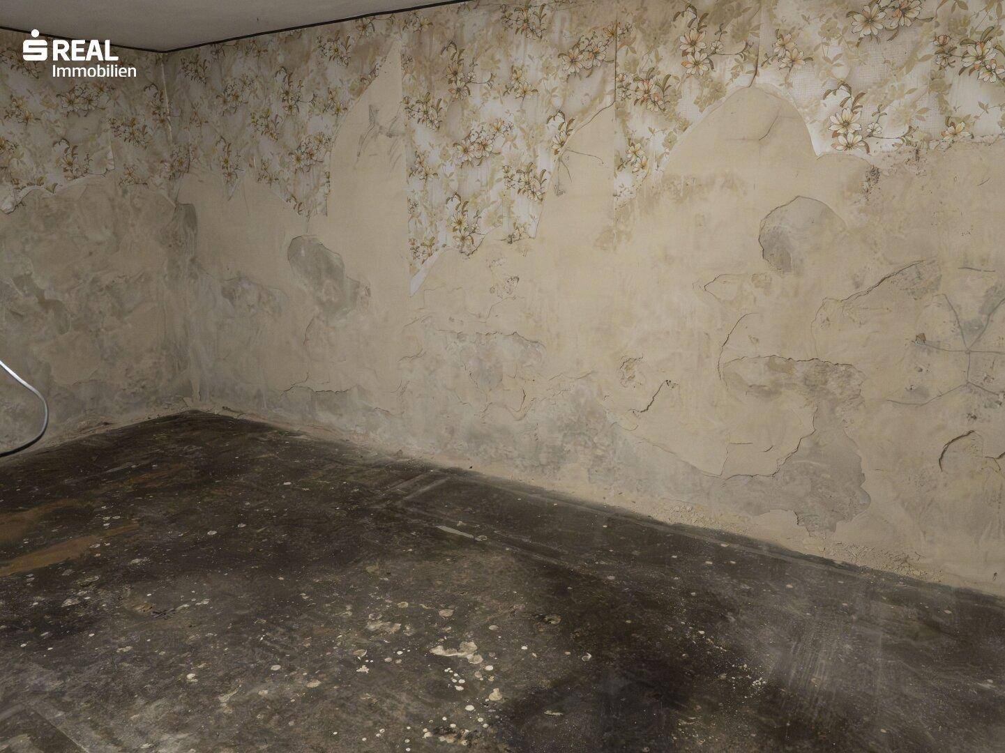 Leerer Raum mit abblätternder floraler Tapete und stark abgenutztem Betonboden.