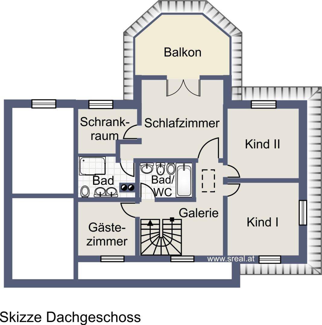 Grundriss des Dachgeschosses mit Schlafzimmern, Bädern und Balkon.