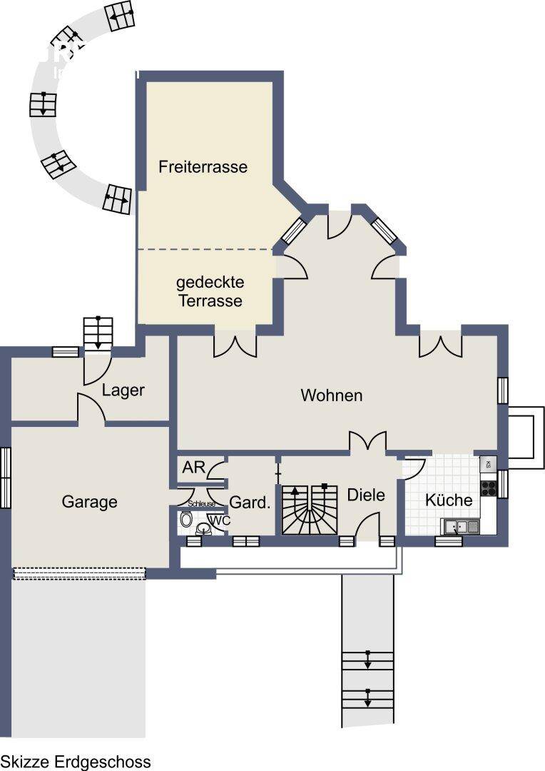 Grundriss des Erdgeschosses mit Wohnbereich, Küche, Garage und Terrassen.