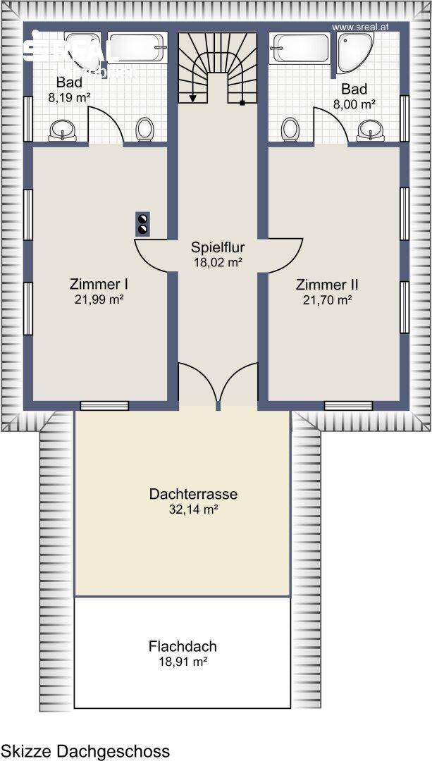 Grundriss des Dachgeschosses mit zwei Zimmern, zwei Bädern und Dachterrasse.
