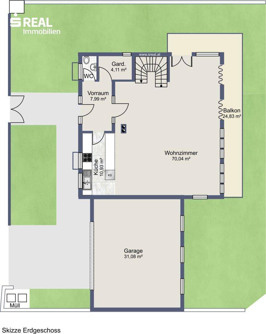 Grundriss des Erdgeschosses mit Wohnzimmer, Küche, WC und Garage.