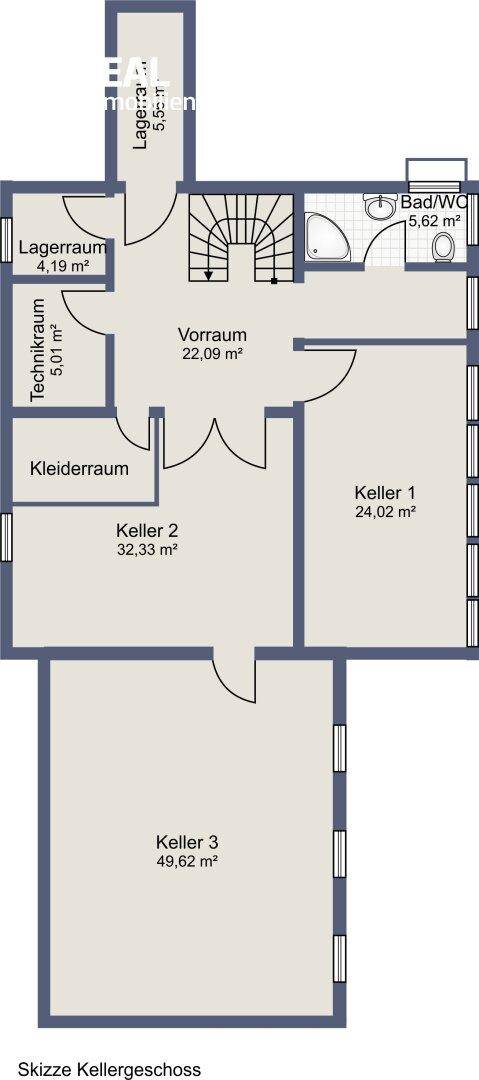 Grundriss des Kellergeschosses mit Lagerräumen, Technikraum und Bad/WC.