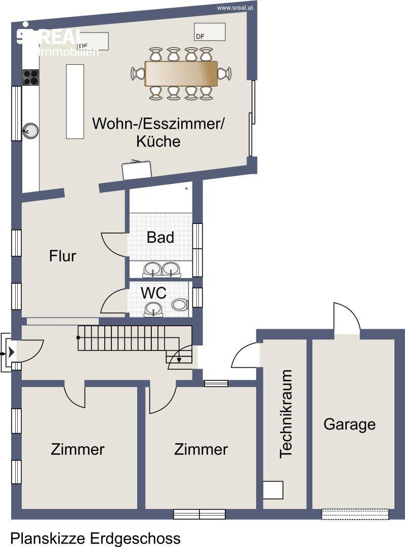 Grundriss des Erdgeschosses mit Wohn-/Esszimmer/Küche, Bad, WC und Garage.