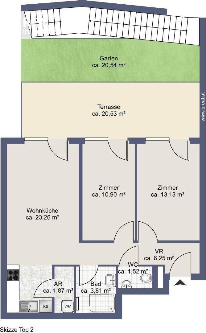 Grundriss einer Wohnung mit Wohnküche, zwei Zimmern, Terrasse und Gartenanteil.