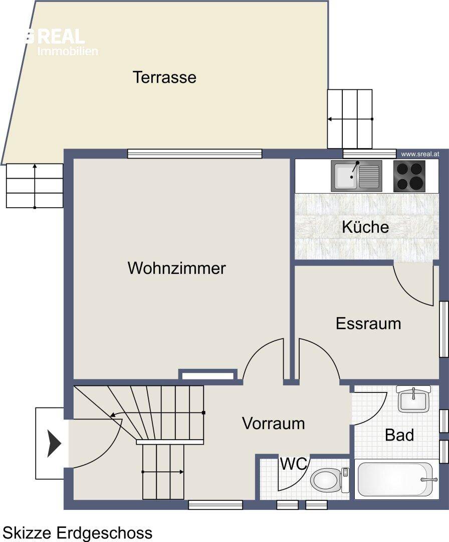 Grundriss des Erdgeschosses mit Wohnzimmer, Essbereich, Küche, Bad, WC und Terrasse.