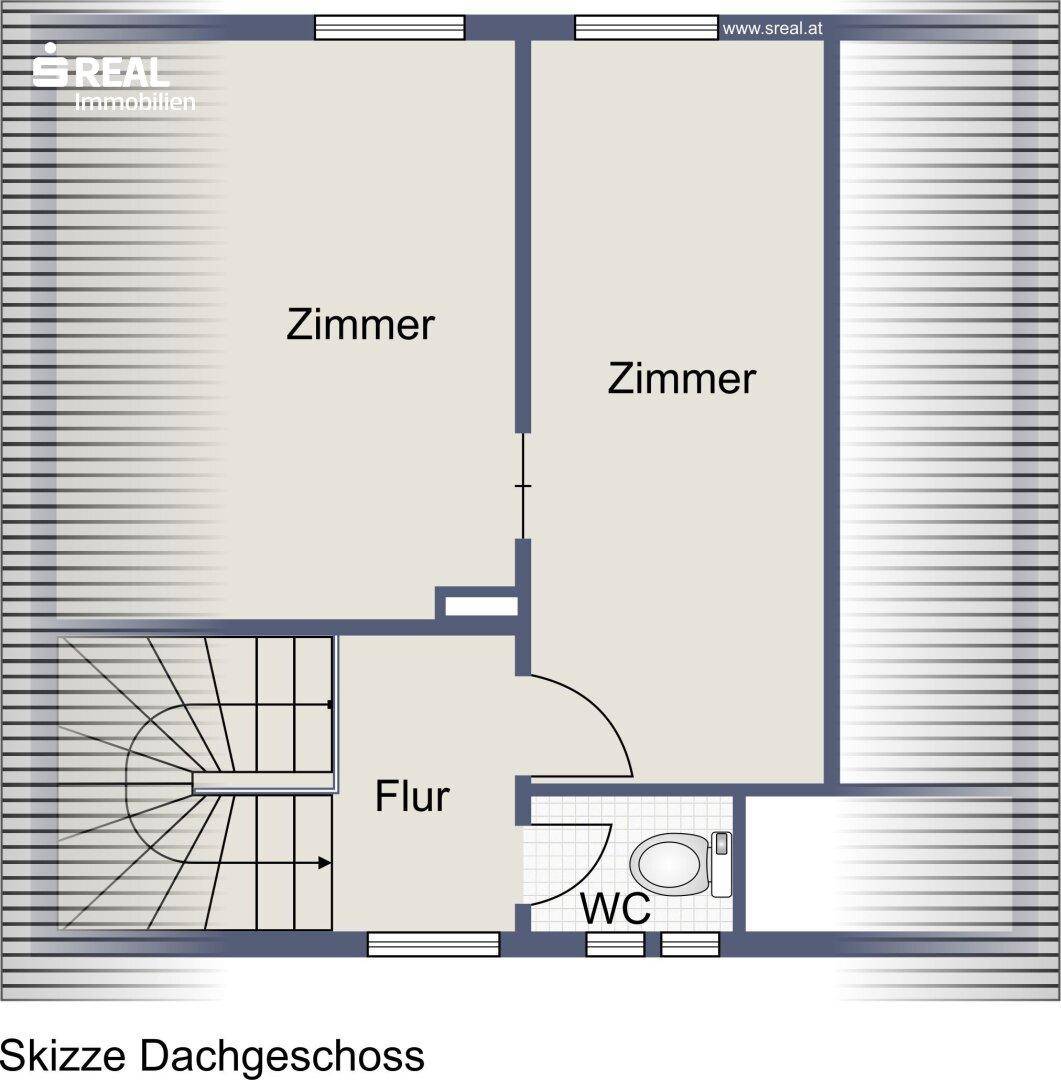 Grundriss des Dachgeschosses mit zwei Zimmern, Flur und einem separaten WC.