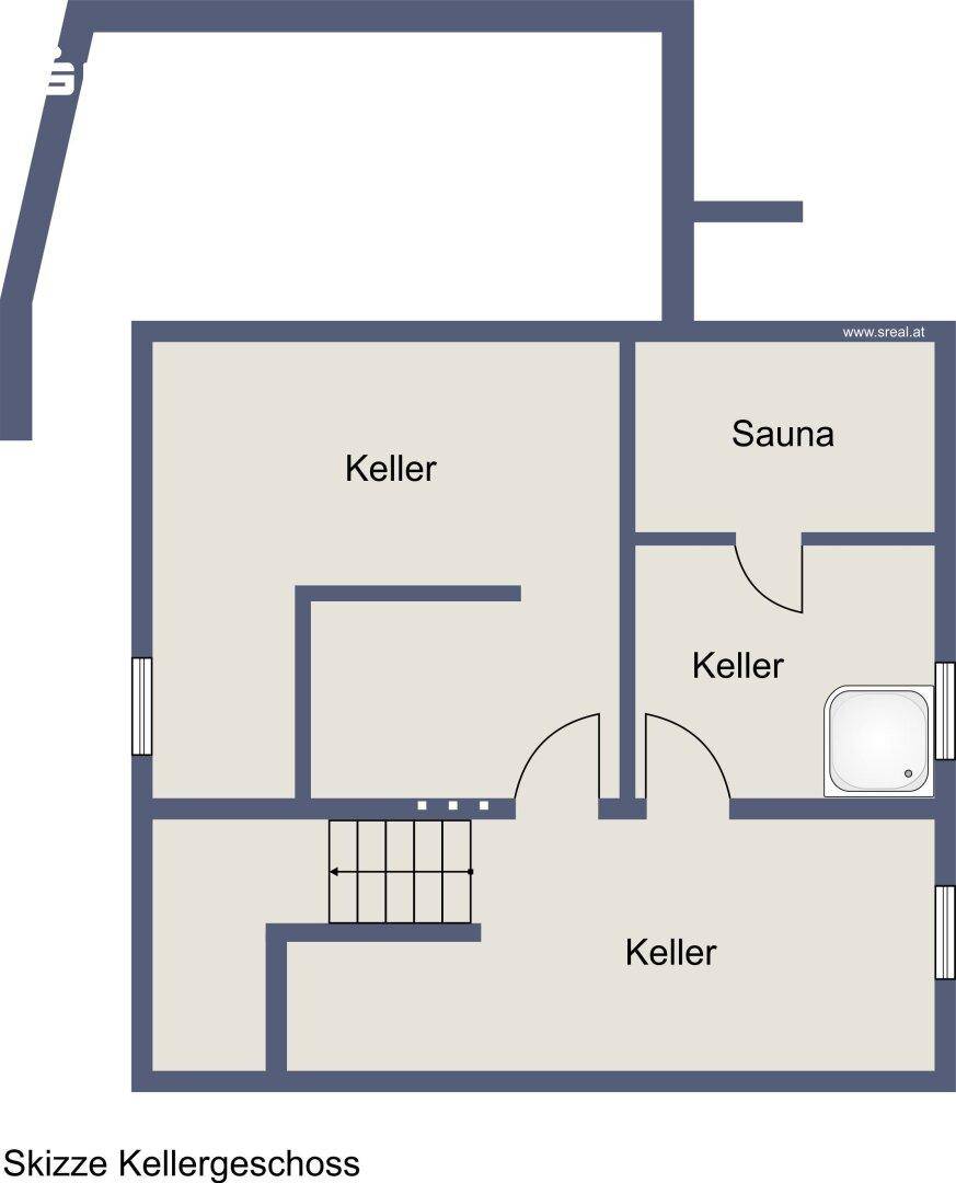 Grundriss des Kellergeschosses mit mehreren Kellerräumen, einer Sauna und Treppenaufgang.