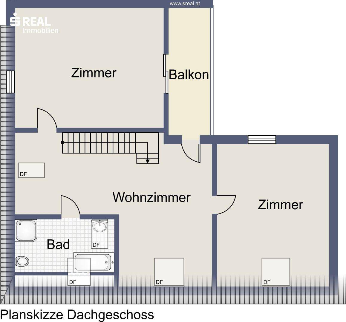 Grundriss des Dachgeschosses mit Wohnzimmer, Schlafzimmern, Bad und Balkon.