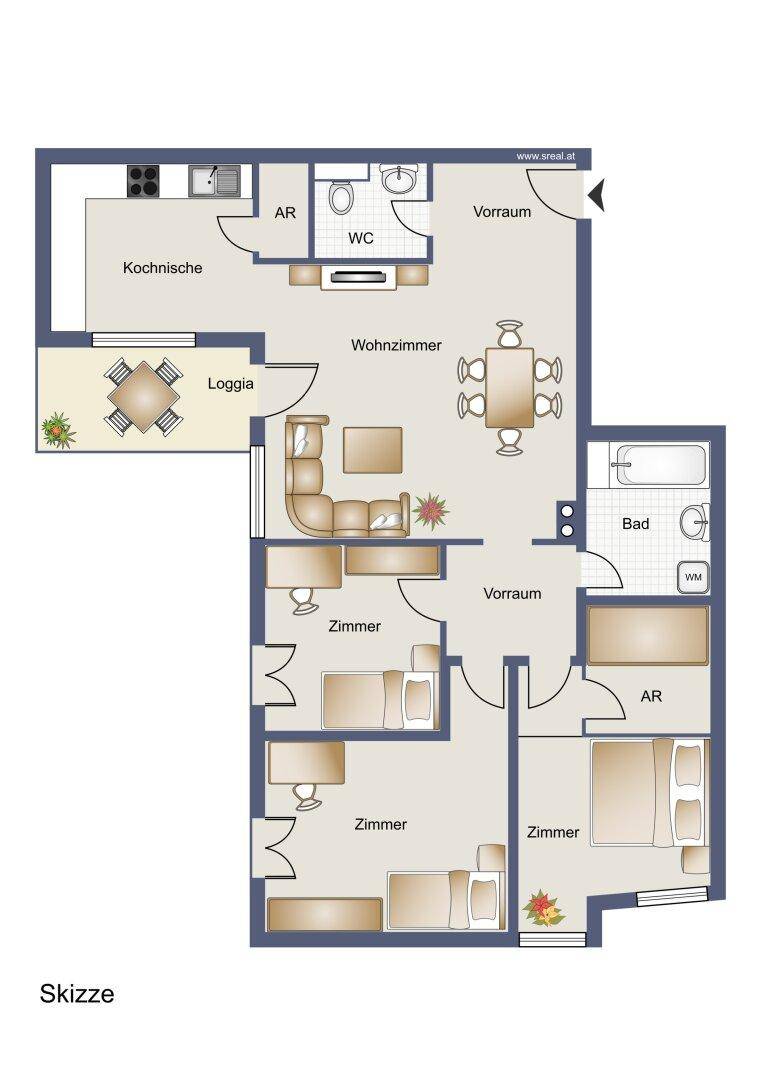 Detaillierter Grundriss einer Wohnung mit mehreren Zimmern, Kochzeile und Loggia.