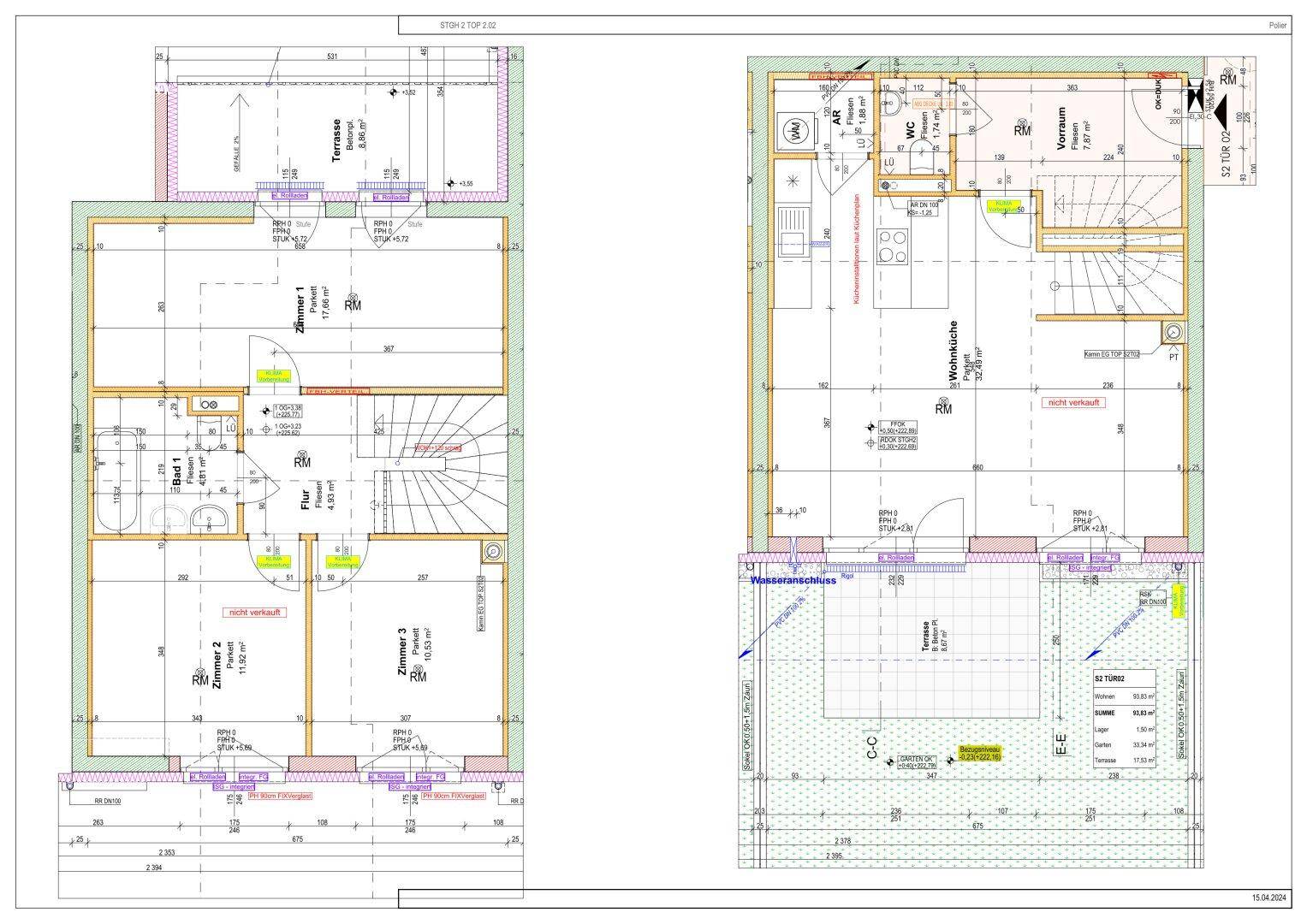 Grundrissplan zeigt zwei Ebenen einer Wohnung mit Terrasse, Balkon, drei Zimmern und zwei Bädern.