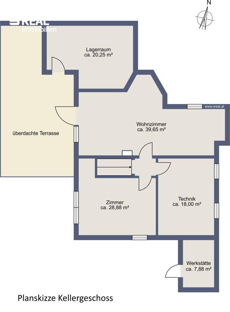 Grundriss des Kellergeschosses mit Lagerraum, Wohnzimmer und Technikraum.