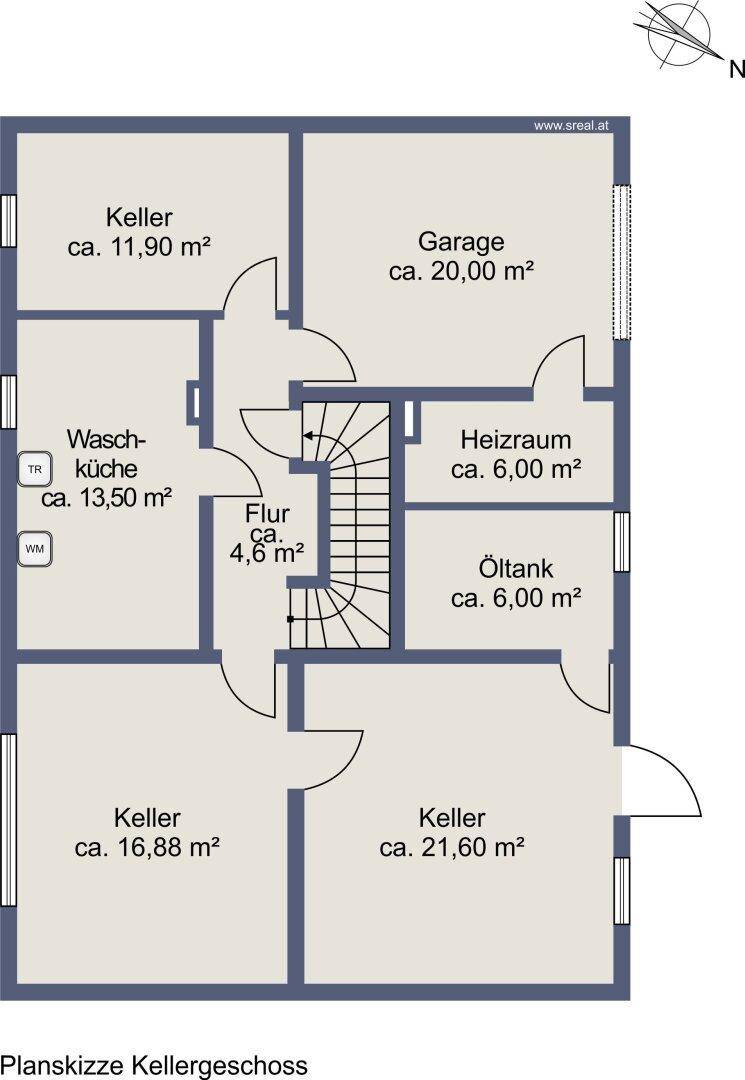 Grundriss des Kellergeschosses mit Garage, Waschküche und mehreren Kellerräumen.