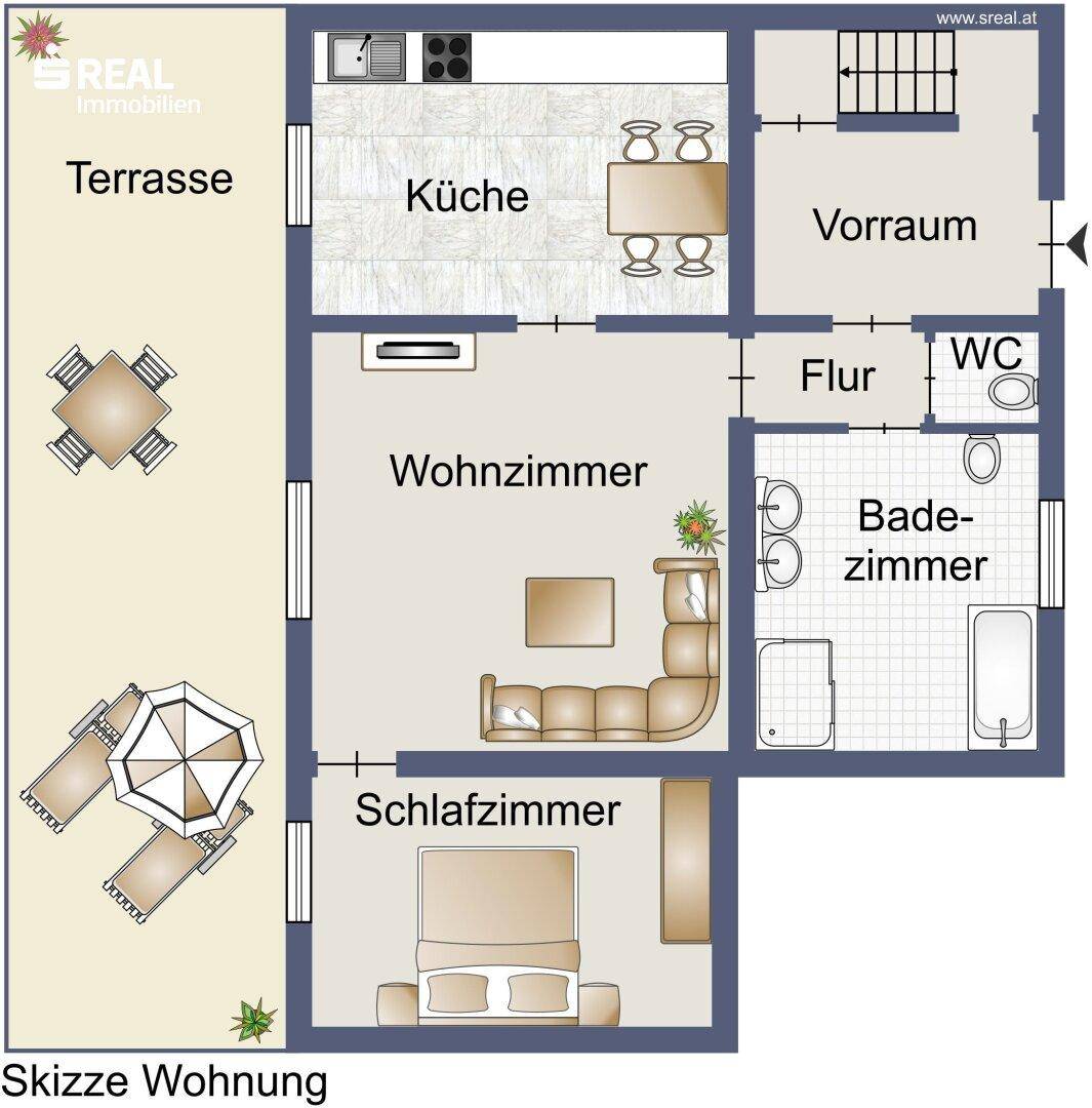 Grundriss der Wohnung mit Terrasse, Küche, Wohnzimmer, Schlafzimmer und Badezimmer.