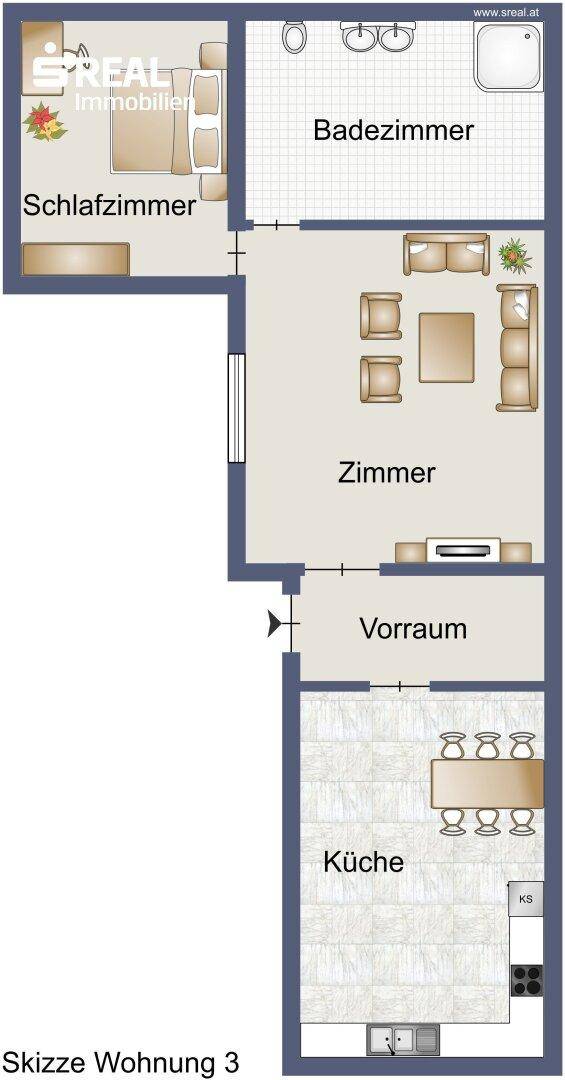 Grundriss der Wohnung mit Schlafzimmer, Badezimmer, Zimmer und separater Küche.