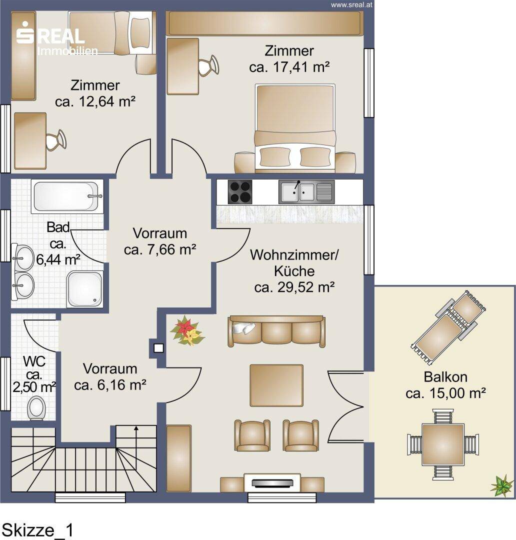 Grundriss der oberen Etage mit Wohnzimmer, Küche, zwei Zimmern, Bad und Balkon.