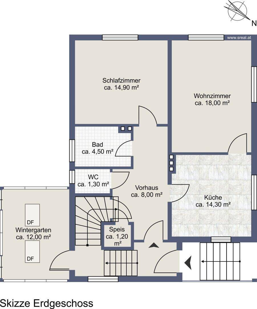 Grundriss des Erdgeschosses mit Schlafzimmer, Wohnzimmer, Küche, Bad, WC und Wintergarten.