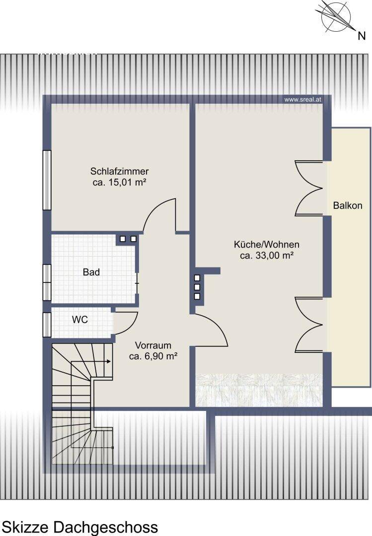 Grundriss des Dachgeschosses mit Schlafzimmer, offener Küche/Wohnbereich, Bad, WC und Balkon.