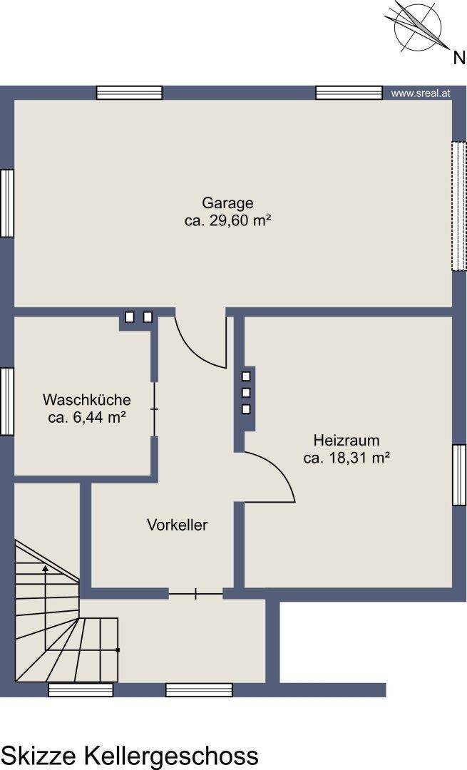 Grundriss des Kellergeschosses mit Garage, Waschküche, Heizraum und Vorkeller.