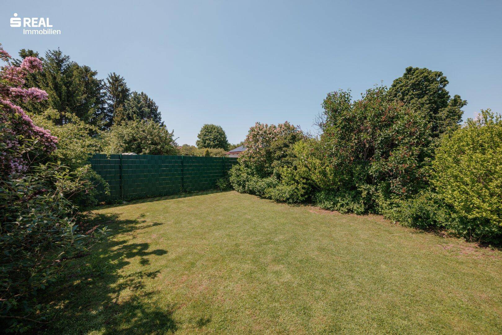 Großer, gepflegter Garten mit Rasenfläche und hohen Hecken als Sichtschutz an einem sonnigen Tag.