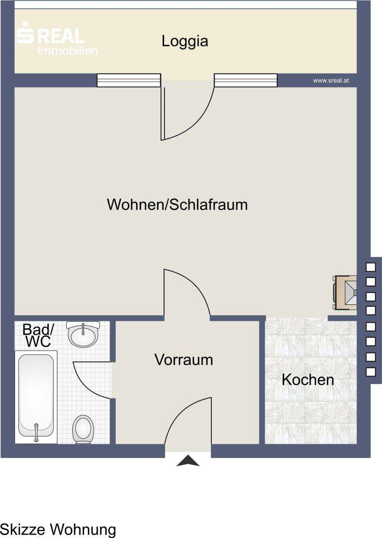 Grundriss einer Wohnung mit Wohn-/Schlafraum, Loggia, Küche und Bad/WC.