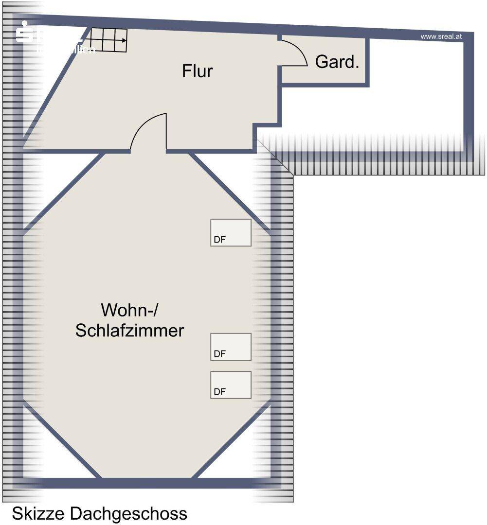 Grundriss des Dachgeschosses mit Wohn-/Schlafzimmer und Flur, zeigt die Raumaufteilung im Obergeschoss.
