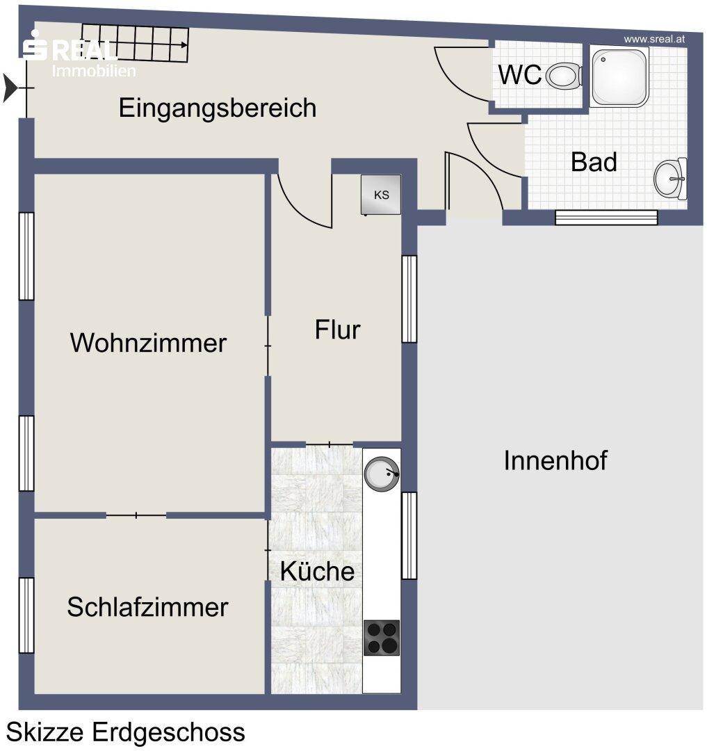 Grundriss des Erdgeschosses mit Wohnzimmer, Schlafzimmer, Küche und Bad, übersichtlich dargestellt.