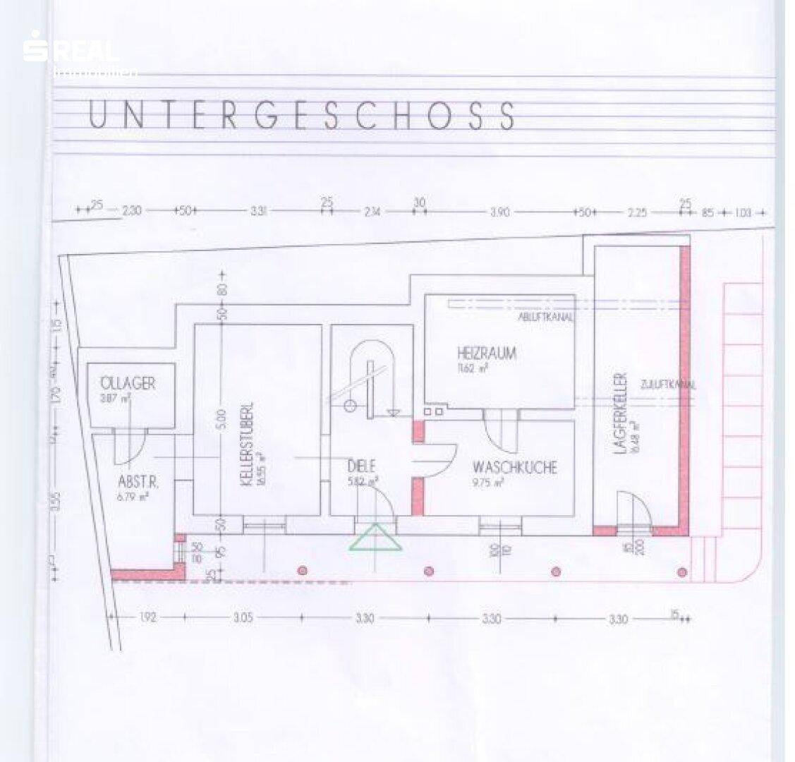 Grundriss des Untergeschosses mit Abstellraum, Heizraum, Waschküche und Kellerstüberl.