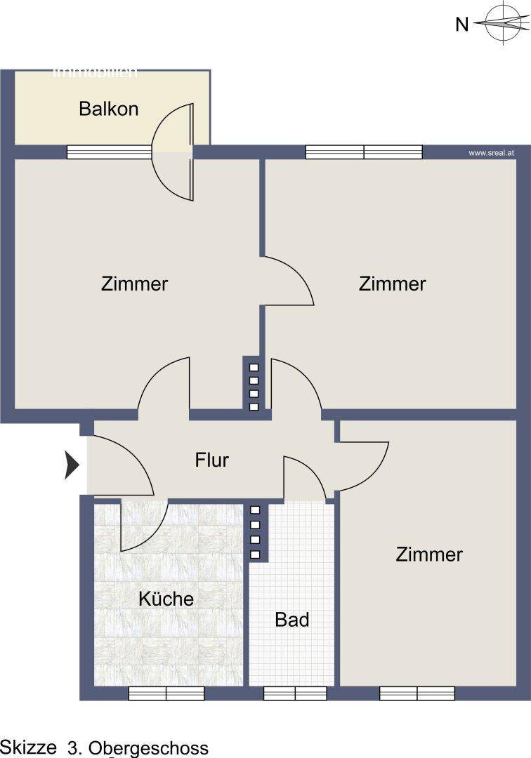 Grundriss des dritten Obergeschosses mit drei Zimmern, Küche, Bad und Balkon.