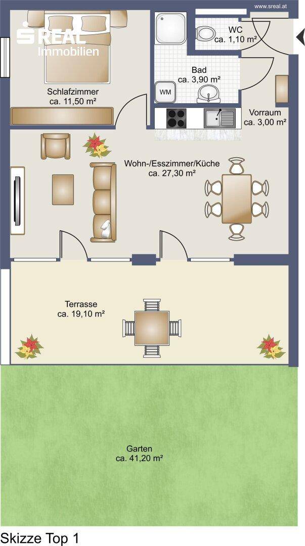 Detaillierter Grundriss einer Wohnung mit Schlafzimmer, Wohn-Esszimmer, Bad und Terrasse mit Garten.