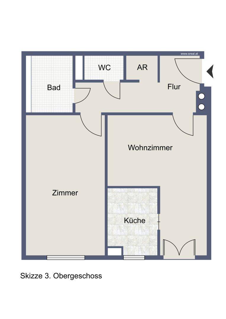 Grundriss der Wohnung im Obergeschoss mit Wohnzimmer, Zimmer, Küche und Bad.