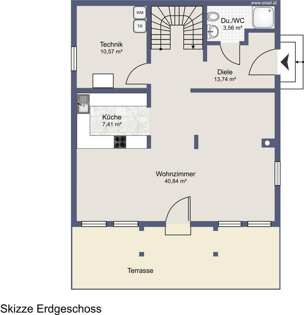 Grundriss des Erdgeschosses mit Wohnzimmer, Küche und Terrasse.
