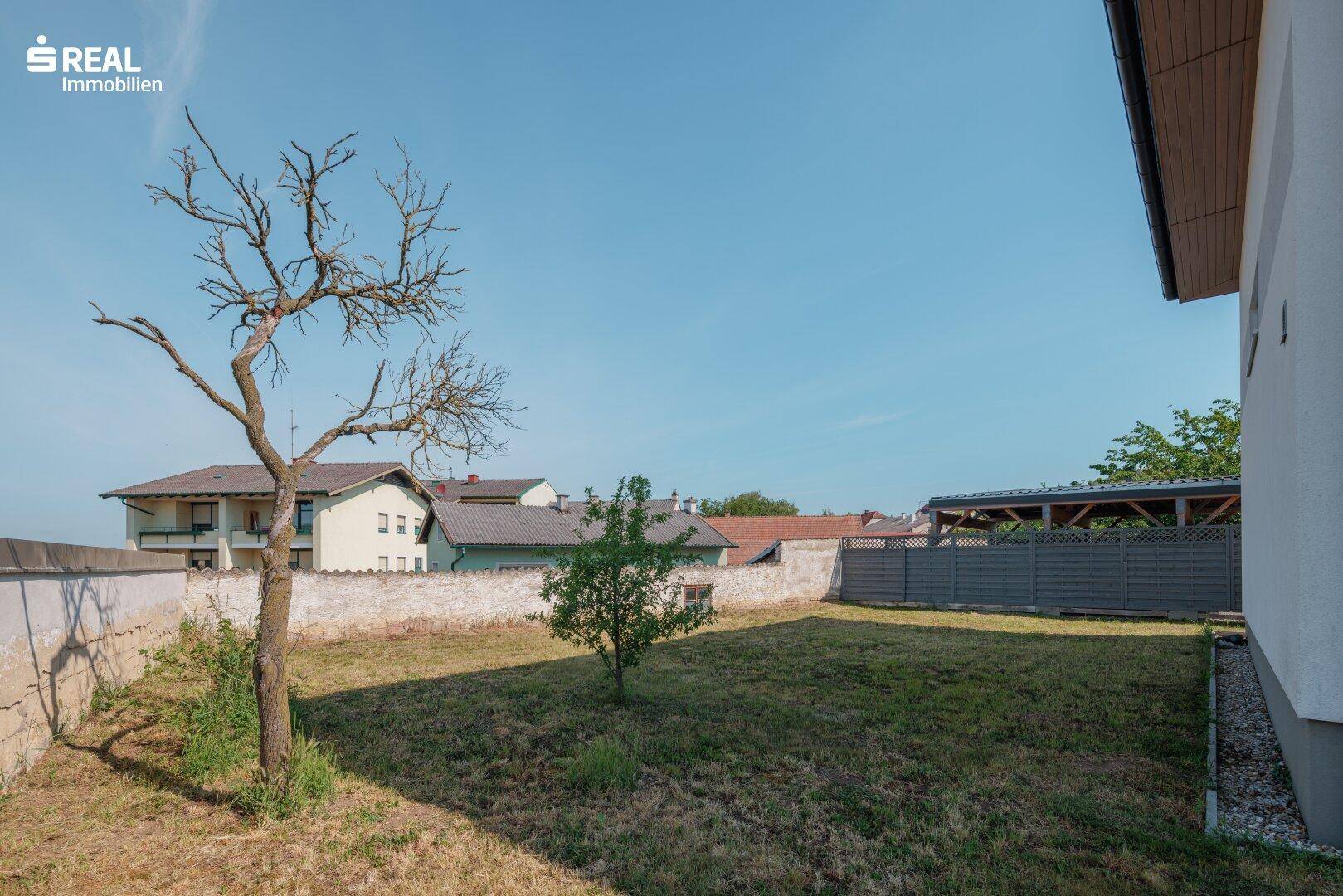 Großer Gartenbereich mit jungem Baum und Blick auf die umliegende Bebauung.