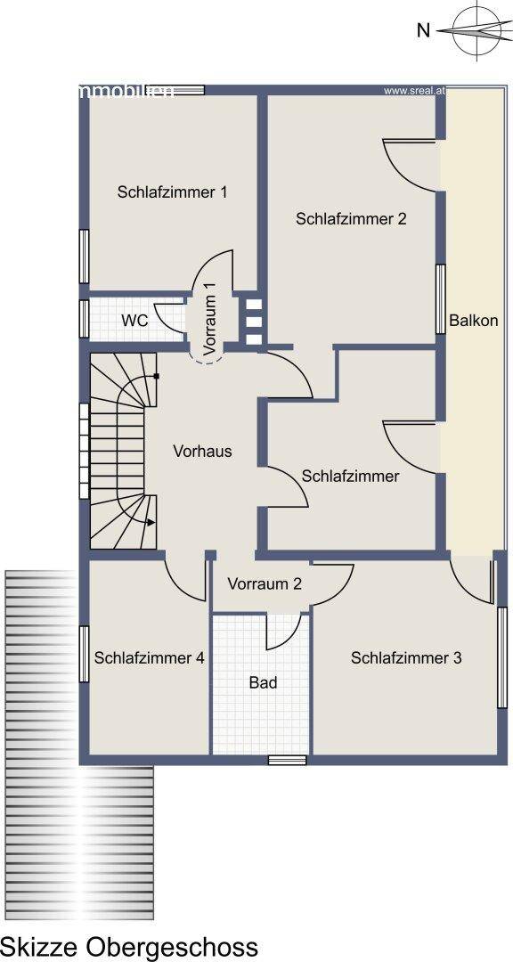 Grundriss des Obergeschosses mit vier Schlafzimmern, einem Badezimmer, WC und Balkon.