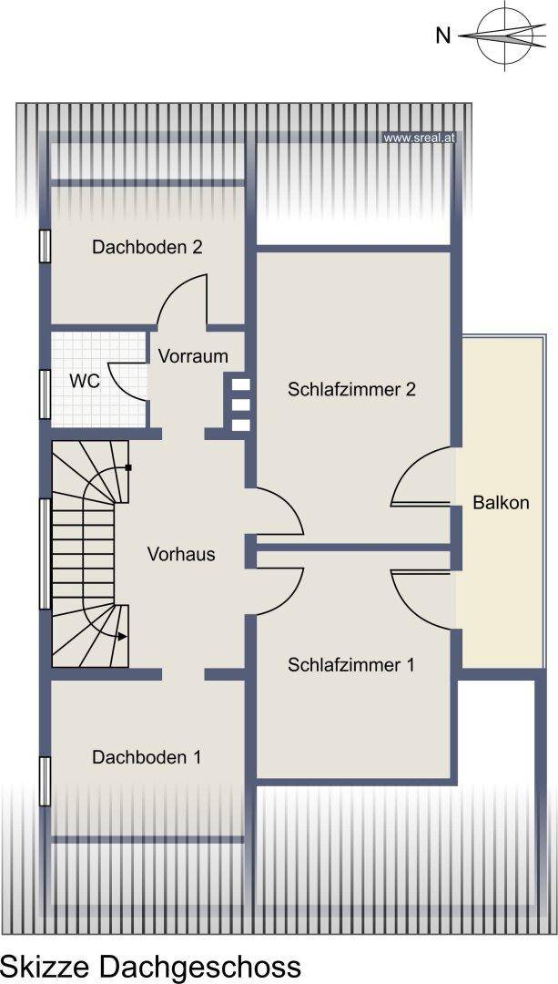Grundriss des Dachgeschosses mit zwei Schlafzimmern, WC, Balkon und Dachbodenbereichen.