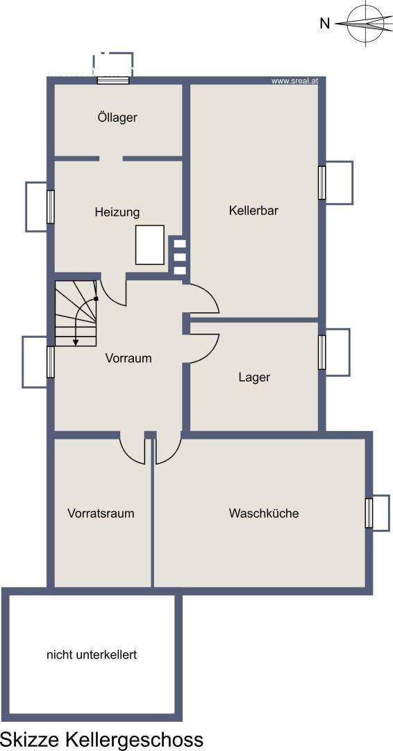 Grundriss des Kellergeschosses mit Heizungsraum, Kellerbar, Lagerräumen und Waschküche.