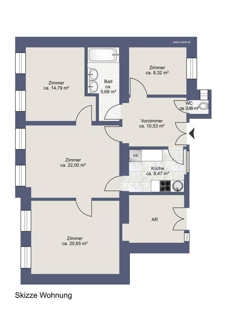 Detaillierter Grundriss einer Wohnung mit mehreren Zimmern, Bad, WC und Küche.