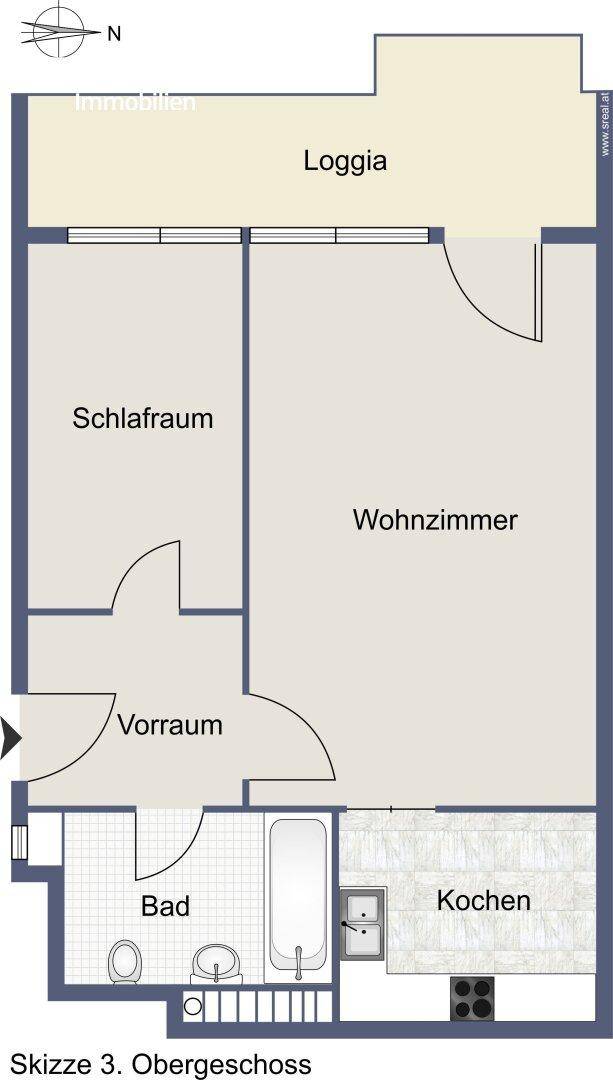 Grundriss des Obergeschosses mit Wohnzimmer, Schlafzimmer, Bad, Küche und Loggia.