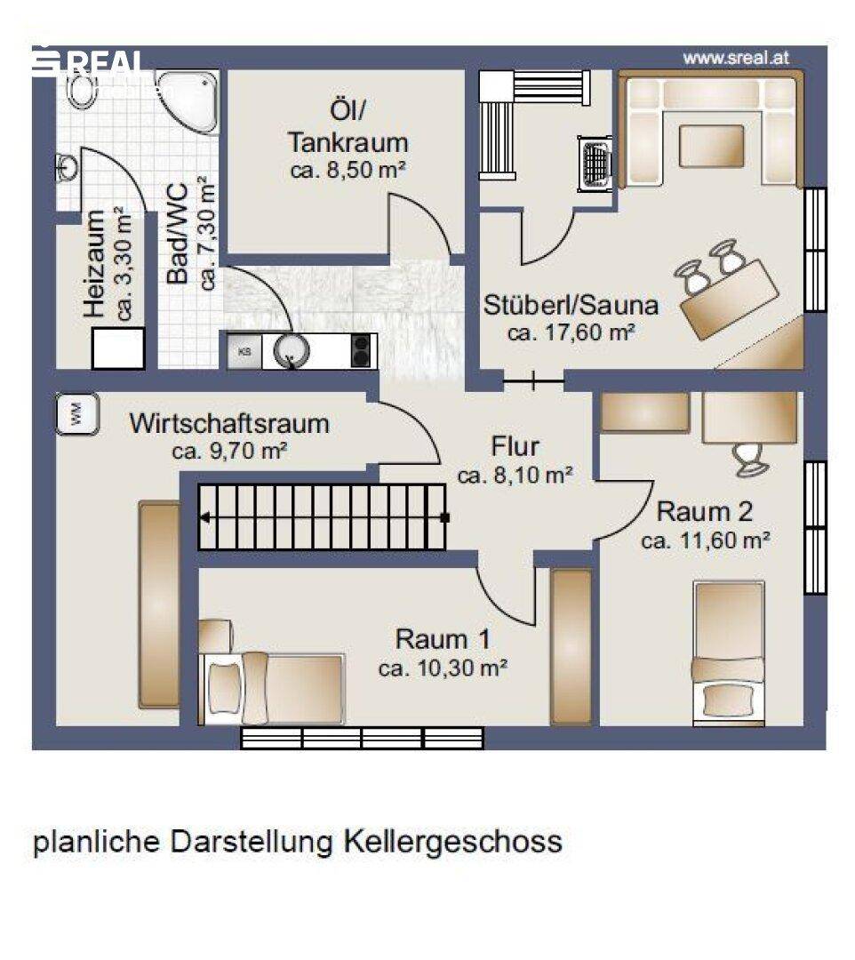 Planliche Darstellung des Kellergeschosses mit Wirtschaftsraum, Heizraum, Bad/WC und Saunabereich.