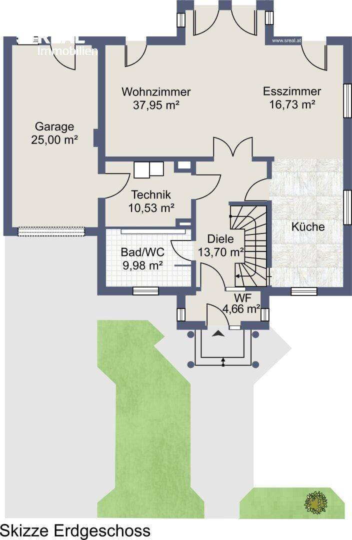 Grundriss des Erdgeschosses mit Wohnzimmer, Esszimmer, Küche und Garage.