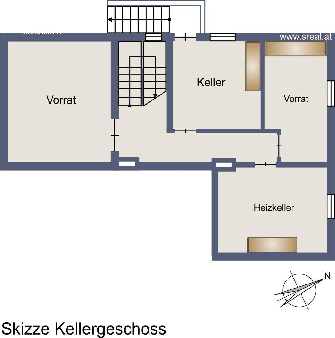 Grundriss des Kellergeschosses mit mehreren Vorratsräumen und einem Heizkeller.