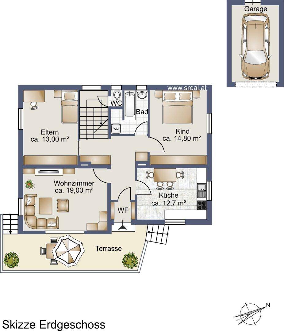 Grundriss des Erdgeschosses mit Wohnzimmer, Küche, zwei Schlafzimmern, Bad, WC und Terrasse.