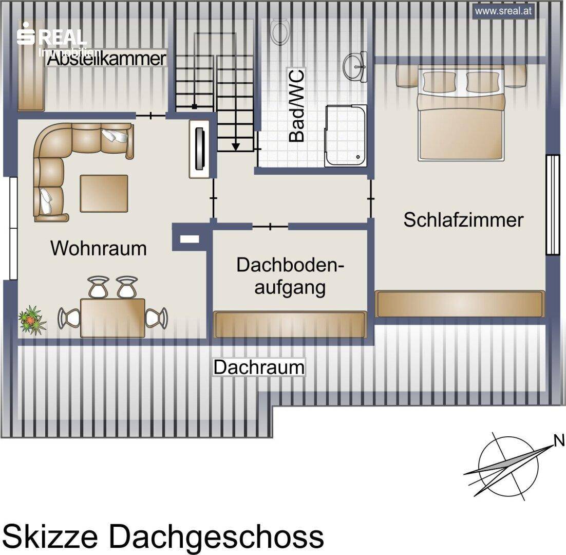 Grundriss des Dachgeschosses mit Wohnraum, Schlafzimmer, Bad, WC, Abstellkammer und Dachschrägen.