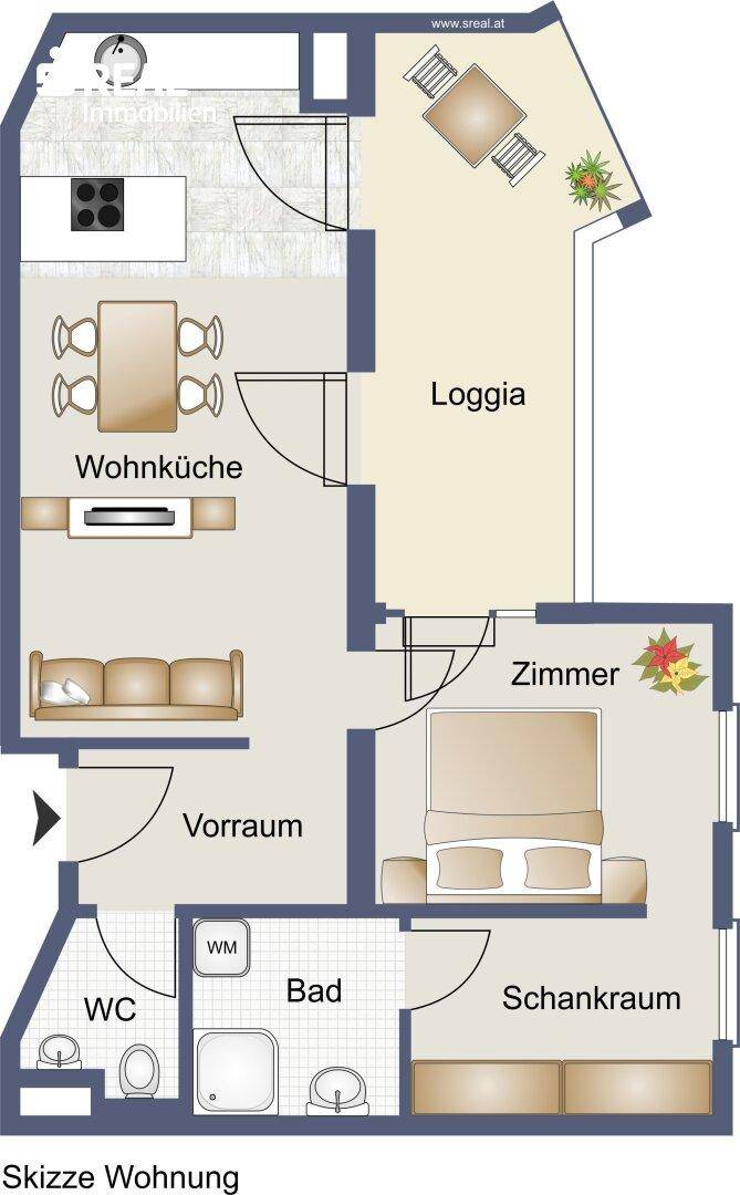 Detaillierter Grundriss einer Wohnung mit Wohnküche, Schlafzimmer, Bad und Loggia.