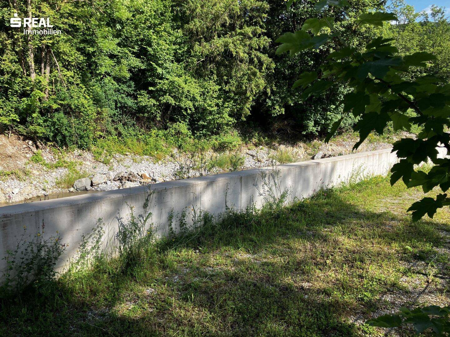 Betonmauer entlang eines Wasserlaufs, umgeben von üppiger grüner Vegetation.